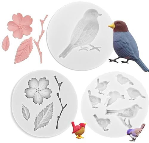 3 Stück Vogel Silikon, Blume Vogel Blatt Silikon, Mini Blume Silikonform, für Dekorierter Kuchen, Schokoladenseifen-Fudge-Glasur (Grau)