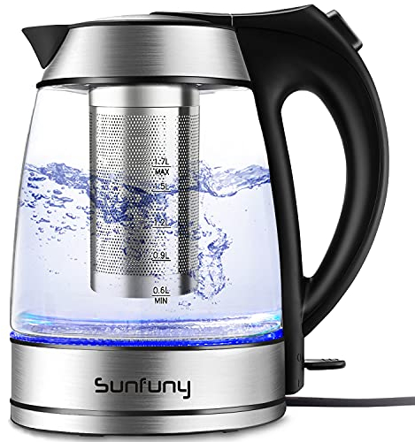 Electric Glass Water Kettle with Filter Tea Infuser, 1.7Liter Cordless Tea Kettles 2200W Fast Boil Hot Water Boiler Heater LED Illuminated with Stainless Steel Lid, Auto Shut-Off for Home, Xmas Gift