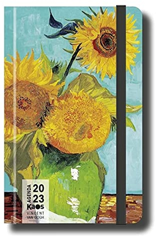Kaos Vincent Van Gogh Drei Sonnenblumen in Vase 2023 12 Monate wöchentlich 21 x 13 cm mit Gummiband + Geschenk Stift und Lesezeichen