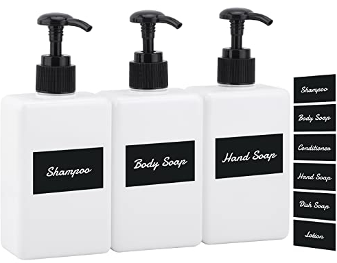 Segus Quadrata Dosatori per Sapone Liquido 280ml 3 Pezzi, Bottiglia a Pompa con Etichetta Impermeabile, Flacone Shampoo Ricaricabile, Dispenser Bianco per Doccia Portatili per Hotel, Bagno, Viaggi