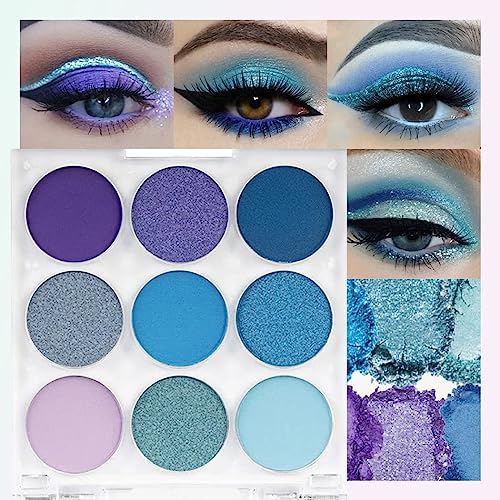Teekerwan Palette Ombre à Paupières 9 Couleurs Brillant Mat Vert, Très Pigmentée, Poudre de Maquillage Accordable (Blue)