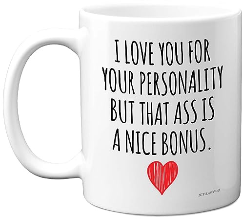 Stuff4 Anniversary Mugs for Her, I Love You Ass Bonus Mug | Funny Birthday Gifts for Girlfriend Wife Partner from Boyfriend Husband Valentines Present, 11oz Ceramic Dishwasher Safe Mugs