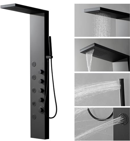 Homevacious Stainless Steel Shower Panel Tower System, Rainfall Waterfall Shower Head,5 Massage Body Jets and Handheld,Wall Mounted Multi-Function Bathroom Shower Panel,Matte Black