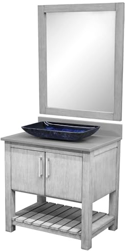 Miseno MV-30SG-NOBV-280-19034-MIR 30 Free Standing Single Basin Vanity Set with Cabinet, Grey Quartz Vanity Top, Rectangular Glass Vessel Sink and Mirror - Stonewash Grey/Storm Grey Top/Brushed