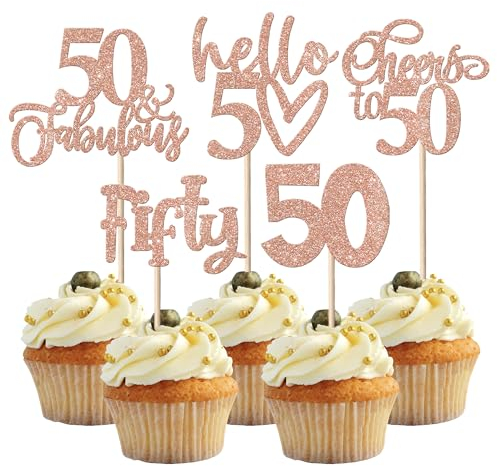 SYKYCTCY 30 Pack 50th Birthday Cupcake Toppers Glitter Fifty Fabulous 50 Cheers to 50 Cupcake Picks Hello 50 Birthday Happy 50th Birthday Cupcake Decorations Anniversary Party Supplies Rose Gold