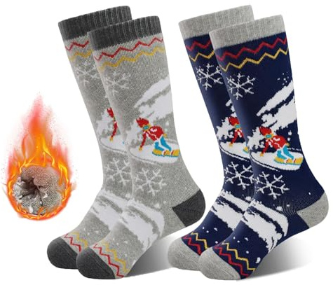 HYCLES Calcetines de esquí para niños y niñas, 2 pares de calcetines térmicos coloridos y cálidos, calcetines de esquí para niños, suaves y transpirables, para invierno, para esquiar, patinar,