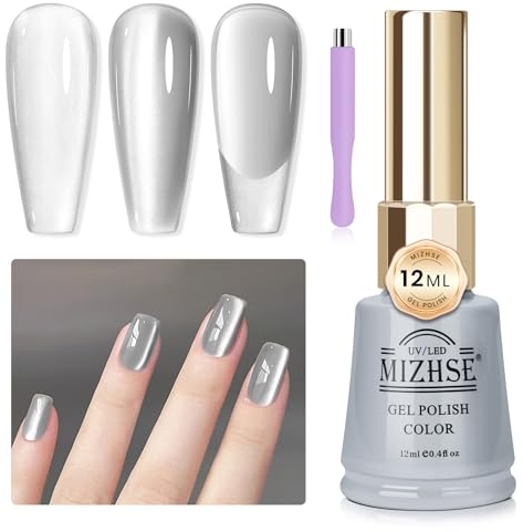 MIZHSE Cat Eye UV Gel Silber Cateye Nagellack, Magnet Nagellack Silver Cat Eye Glass Mondlicht Glitzer Gel Nail Polish, UV Magnetischer Gellack, Silber, 12ML