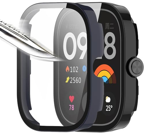 Msiall [2 piezas Película protectora de pantalla negro Azul con vidrio templado para,dureza 9H, parachoques, estuche protector completo delgado para inteligente redmi watch 4