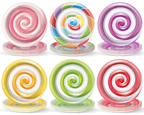 48Pcs Candy Themed Paper Plates for Candy World Party Decorations 7 Colorful Lollipop Candy Disposable Paper Dinner Plates for Sweet Shop Candy World Christmas Birthday Baby Shower Party Supplies
