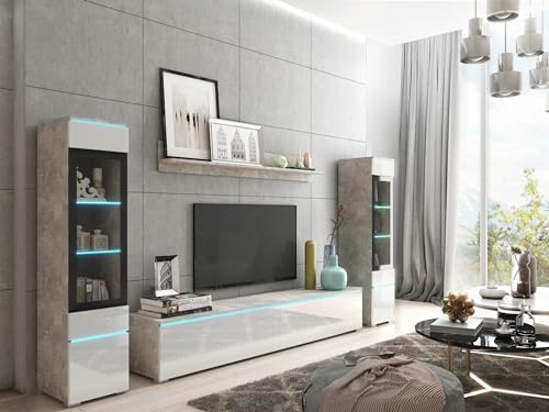 Muebles Slavic Set di mobili da soggiorno, set di mobili RTV, 4 pezzi, mobili moderni per soggiorno, armadietto da parete, mobili soggiorno, VRB0002_BETON_BIALY_LED