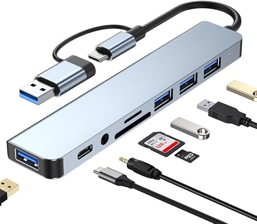 KUTEWEU Hub USB 3.0, Sdoppiatore USB Multipla USB 3.0 Hub Aluminium Dock USB Dati Adattatore per PC, Mac Book, Laptop, Desktop, Chiavetta USB, Pad, Phone, Windows (USB3.0+USB2.0x3+SD/TF+Audio+USB-C)