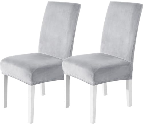 CYCMACO Stuhlhussen Samt 2er Set, Stretch Stuhlüberzieher, Stuhlbezug Schwingstuhl, Hussen Für Stühle Hochlehner, Stuhlbezüge Kratzfest, Universal Chair Cover Waschbarer, Silber-grau