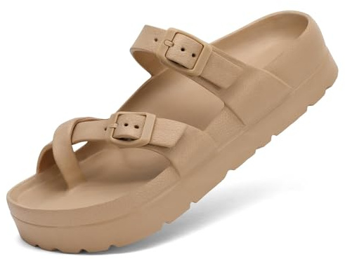 Waysoland Plattformssandaler för kvinnor med fotvalvstöd, bekväma glidskenor tjocka sulor, platta sandaler med justerbart spänne och ultrakudde, Brun, 39 EU
