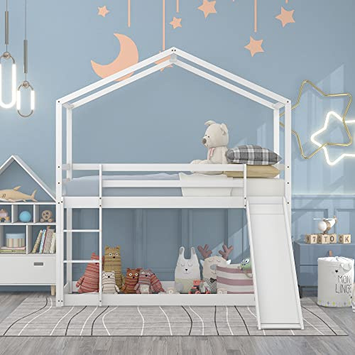 Lit cabane Enfants 90x200 Lit superposé Enfant lit Double lit Simple Protection Anti Chute avec Toboggan Cadre de lit superposé en Bois Massif avec sommier à Lattes 90x200 cm - Blanc