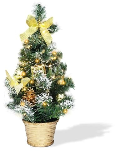 Mini Weihnachtsbaum, Künstlicher Weihnachtsbaum, 40 cm Weihnachtsbaum Kleiner Weihnachtsbaum mit 20 LED-Lichtern, Tannenzapfen, Weihnachtskugeln, Verwendbar als Zuhause, Büro, Tischdekoration (Gold)
