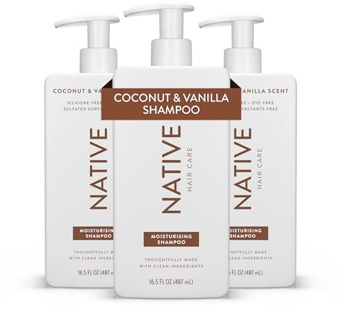 Native Coconut & Vanilla Moisturizing Shampoo Contains Naturally Derived Ingredients - All Hair Types, Color & Treated, Fine to Dry Damaged, Sulphate Free, Silicone Free, Dye Free (3 Pack, 487ml each)
