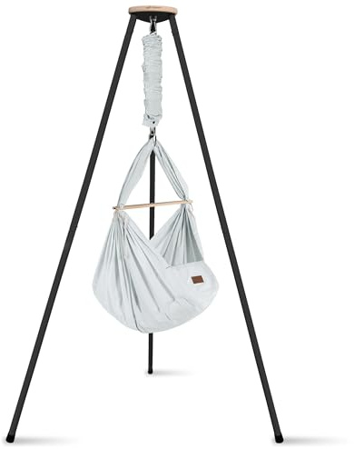 SCHMUSEWOLKE Organic Air Grey Feather Cradle with Teepee Anthracite - Hammock for Babies and Toddlers from Birth to 3 Years - Organic Cotton - With Sheep's Wool Mattress