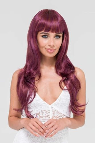 Peluca larga de color morado con reflejos dorados y flecos de estilo vintage: Melodía