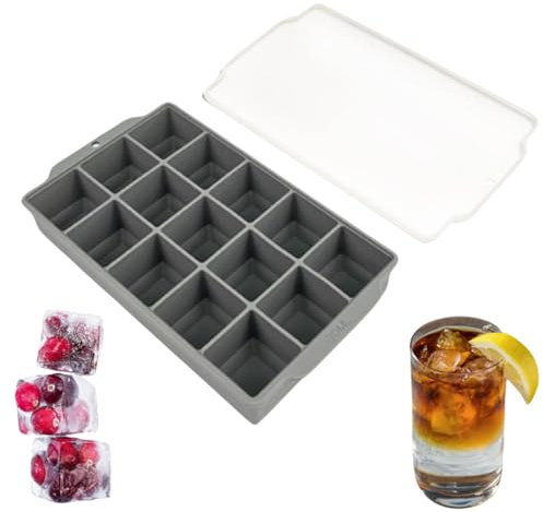 Ice Cube Tray with Lid LBMONKEY Large Flexible Food Grade Silicone Big Deep Reusable Moulds for Soup Baby Food Meals Cocktail Whisky Egg Drinks Baking Freezer (Grey, 15 Square)