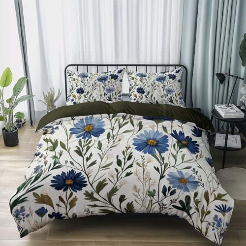 Funda de edredón 220 x 260 cm Crisantemo Azul Simple Impresión Fundas de edredón Verde Suave Microfibra Juegos de Fundas y espíritu con 2 Fundas de Almohada