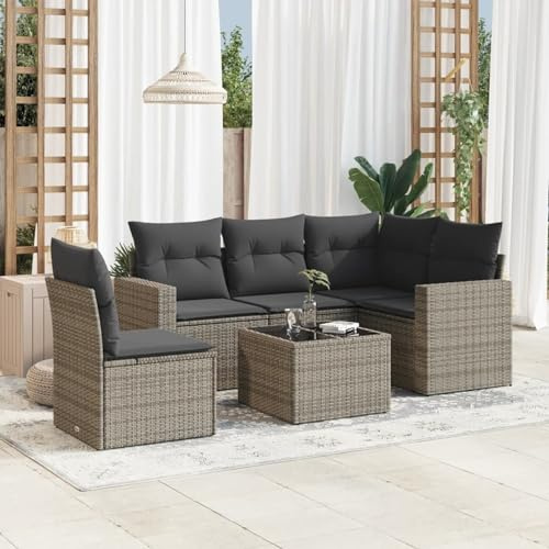 IKAYAA 6-TLG Rattan Gartenmöbel Set mit Stauraum Gartenlounge Balkon Lounge Gartenmöbel Klein Rattan Sofa Balkon Ecklounge Gartensofa Ecksofa Loungemöbel Terrasse-Grau