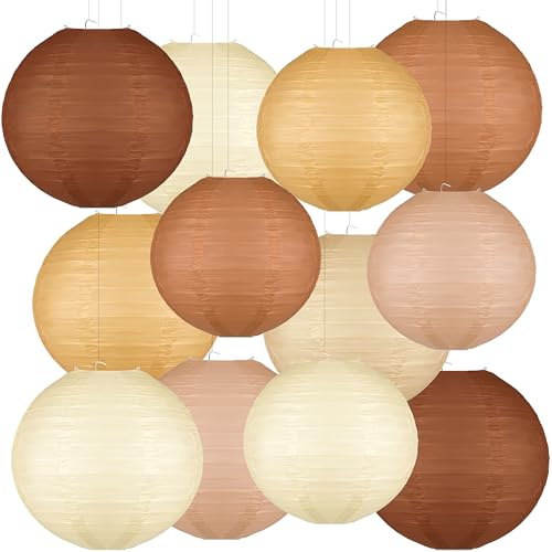 12 Pcs Boho Paper Lanterns, 10'' Brown Party Decorations, Hanging Paper Lanterns Party Decorations for Classroom Western Party Wedding Baby Shower Home Decorations