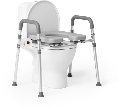 Loyoda Toilettensitzerhöhung mit Armlehnen, WC-Sitzerhöhung, Grau | Höhen- & breitenverstellbare Toilettenhilfe mit Aufstehhilfe für Senioren, Erwachsene & Schwangere, passend für gängige WCs