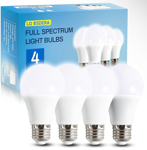 LQ BSDERA 4PK Full Spectrum Light Bulbs, 9W, 6000K Natural Light That Mimic Sunlight, Boosts Mood, Energy, Focus, A19, Sunlike Happy Light Bulbs with E26/27 Base for Most Lamps