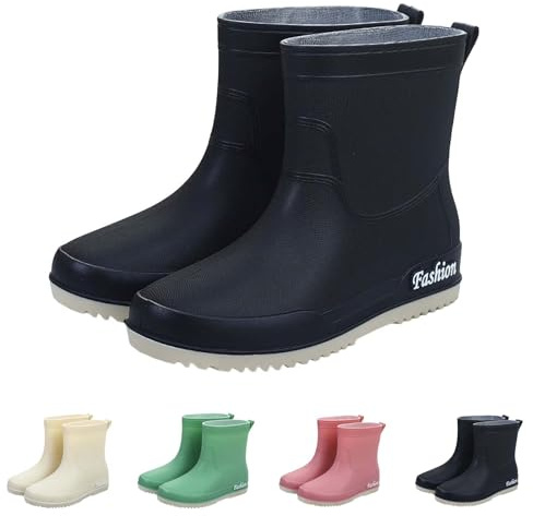 Richymfa Botas de lluvia para mujer, coloridas, impermeables, a prueba de viento, acolchadas, botines resistentes, planos, botines al aire libre, botas cortas de altura media, zapatos de agua cómodos