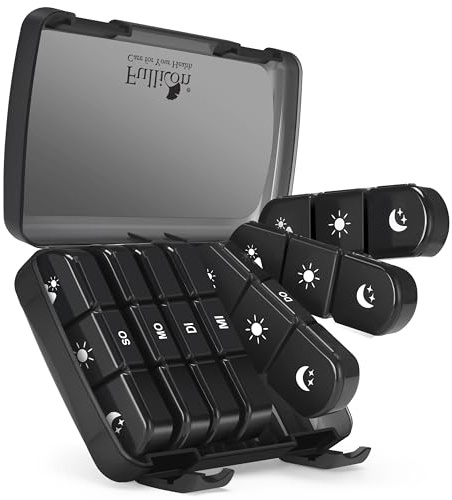 Fullicon Tablettenbox 7 Tage, Pillendose 3x Täglich, Schwarz | Fach für 12 Fischöle oder 13 Vitamine, 21 Fächer, Sicherer Einbauverschluss, Reisefreundlich, BPA-frei