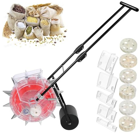 Esparcidor de semillas de empuje manual, 12 boquillas con rueda de supresión, profundidad ajustable de 3,5 a 7,8 cm, espacio de 13,5 a 28 cm, incluye 6 ruedas de semillas para varias plantas