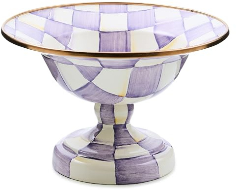 MACKENZIE-CHILDS Enamel Compote, Pedestal Serving Dish or Decorative Bowl, Small, Purple-and-White Violet Check