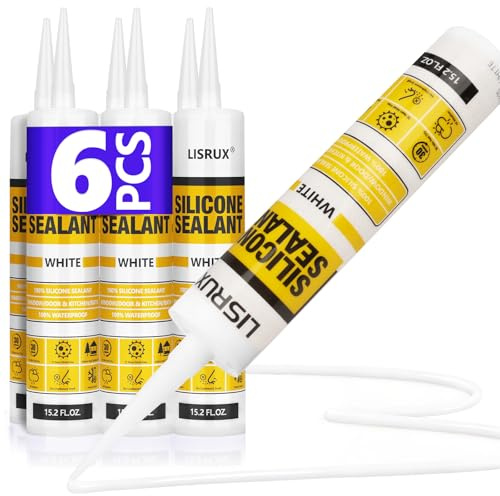 LISRUX Advanced Silicone Caulk for Window & Door, White, 15.2 fl oz Cartridge, 6 Pack - 100% Waterproof Silicone Sealant Indoor Outdoor Caulking, UV Resistant, Stronger Adhesion, Shrink & Crack Proof