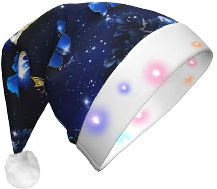 GUHAOT Weihnachtsmütze mit blauem Schmetterlings-Druck, LED-Weihnachtsmannmütze, 3 Modi, beleuchtete Weihnachts-Kopfbedeckung, Weihnachtskostüm, Party-Kappe