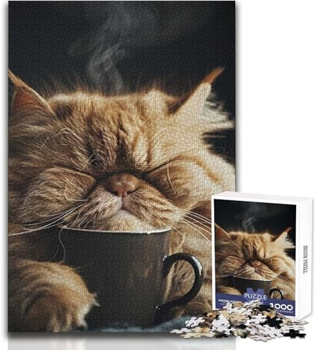 Puzzle Chat en Tasse à Café Persane pour Adultes, 1000 Pièces, Activité Éducative Développant la Concentration, pour Les Fêtes, Dimensions:38x26cm