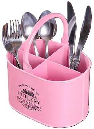 Nobel Vintage Cutlery Holder with Handle, 4-Section Utensil Organiser, Food-Safe Metal, (Pink)