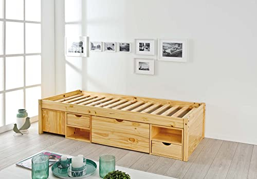 Inter Link - Einzelbett mit Schubladen – Kojenbett mit Stauraum – Praktisches Jungendbett – Kiefer massivholz – Natur lackiert – Platzsparendes Jugendzimmer Einzelbett – Claas 90 x 200cm