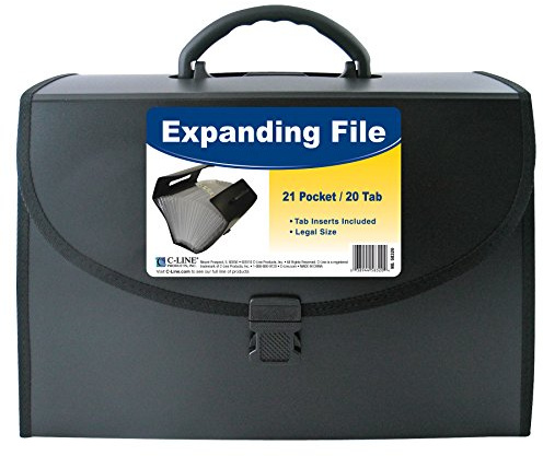 C-Line 21-Pocket Poly Expanding File with Handle, Includes Tabs, Locking Closure, Legal Size, Black (58320), Traditional