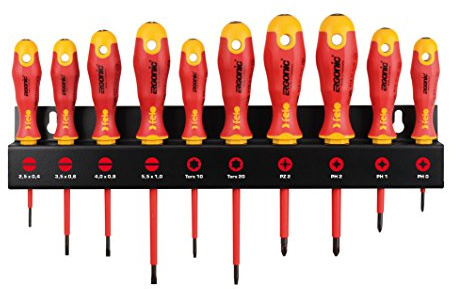 Felo XL Ergonic VDE Screwdriver Set with Tool Holder 10-Piece SL, PH, PZ, Tx