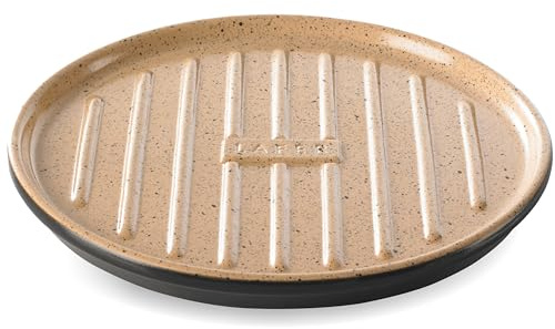 Römertopf BBQ Grillplatte rund Ø 31,5 cm Naturton mit Stegen | Grillstege für Streifen, außen schwarz glasiert, innen Naturton, für Grill und Backofen, hitzebeständig