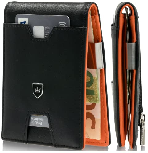 Kronenschein® Slim Wallet mit Münzfach & RFID Schutz I Geldbörse Herren & Damen klein I Portmonee mit Geldklammer I Mini Geldbeutel Karten Portemonnaie (MIT 6 Fächer & Münzfach, Schwarz-Orange)