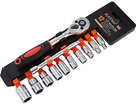 KATSU Jeu de douilles métriques 1/4 Poignée de douille à entraînement par cliquet avec fonction de dégagement rapide, 12 pièces, entraînement métrique 4-13 mm avec clé à cliquet