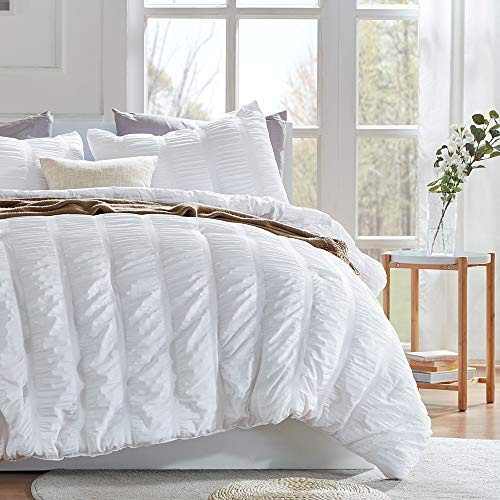 SLEEP ZONE Luxury Seersucker Queen Comforter Set 3-Piece, Soft & Lightweight Down Alternative Duvet Insert with Pillow Sham Cooling for Summer, White
