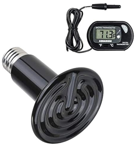 POFET Lampada riscaldante rettile 200 W con un termometro digitale, riscaldamento a infrarossi in ceramica, emettitore lampade non luminose 220-230 V (nero)