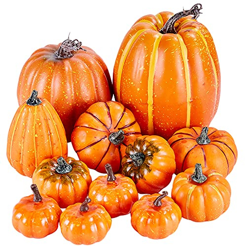 Artmag Package of 12 Pcs Assorted Sizes Artificial Fake Orange Pumpkins Large Faux Harvest Pumpkins for Fall Thanksgiving Halloween Seasonal Holiday Decor Decoration