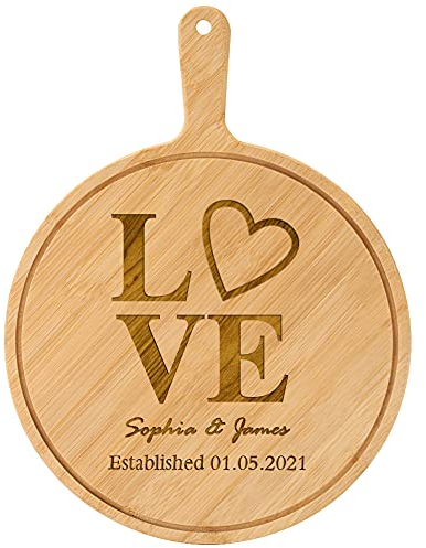 Cáscara de pizza grabada personalizada, tablas redondas de madera de 10 pulgadas personalizadas, paleta de pizza de bambú, plato de pan y galletas con mango – Idea de regalo para amantes de la pizza