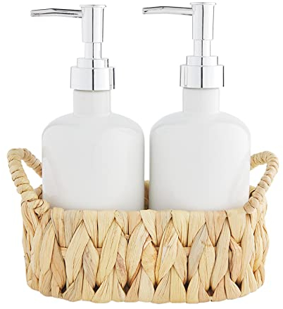 Mud Pie Soap Set, Water Hyacinth, Pump 8 x 3 Dia | Basket 4 x 7, Ceramic, Tan