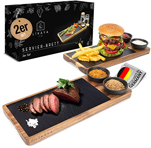 LIKAYA Steak- & Servierbrett 2er-Set aus FSC Akazienholz mit Schieferplatte & Dipschalen – Grillbrett für Steak, Burger, Sushi BBQ-Fans