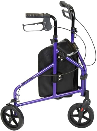 NRS 3 Wheel Ultra Lightweight Aluminium Rollator, Folding & Height Adjustable Walking Aid with Bag & Locking Brakes, 4.5kg (9.9lbs) – Purple