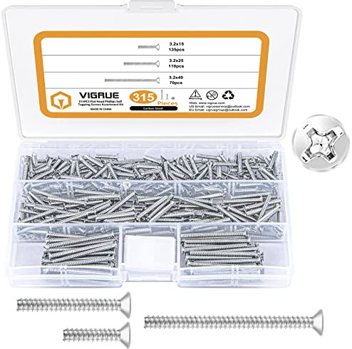 VIGRUE 315 PCS Geräteschrauben für Schalterdosen, Maschinenschrauben Sortimentsbox Ø 3,2x15mm, 3,2x25mm, 3,2x40mm, Senkschrauben aus Stahl Verzinkt mit Kreuz, Für Reparatur instabiler Steckdosen